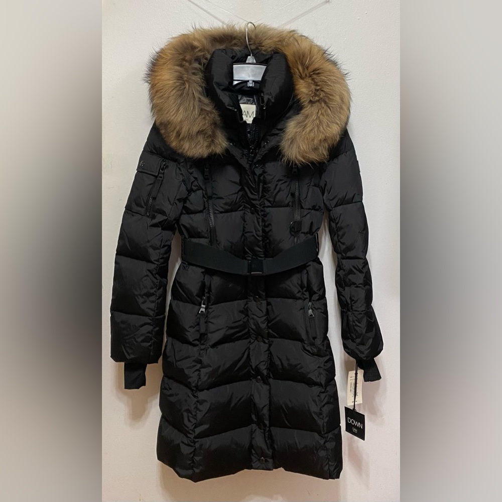 NEW! SAM. Women's Matte Infinity Down Coat with Fur Trim Hood and Belt, Black